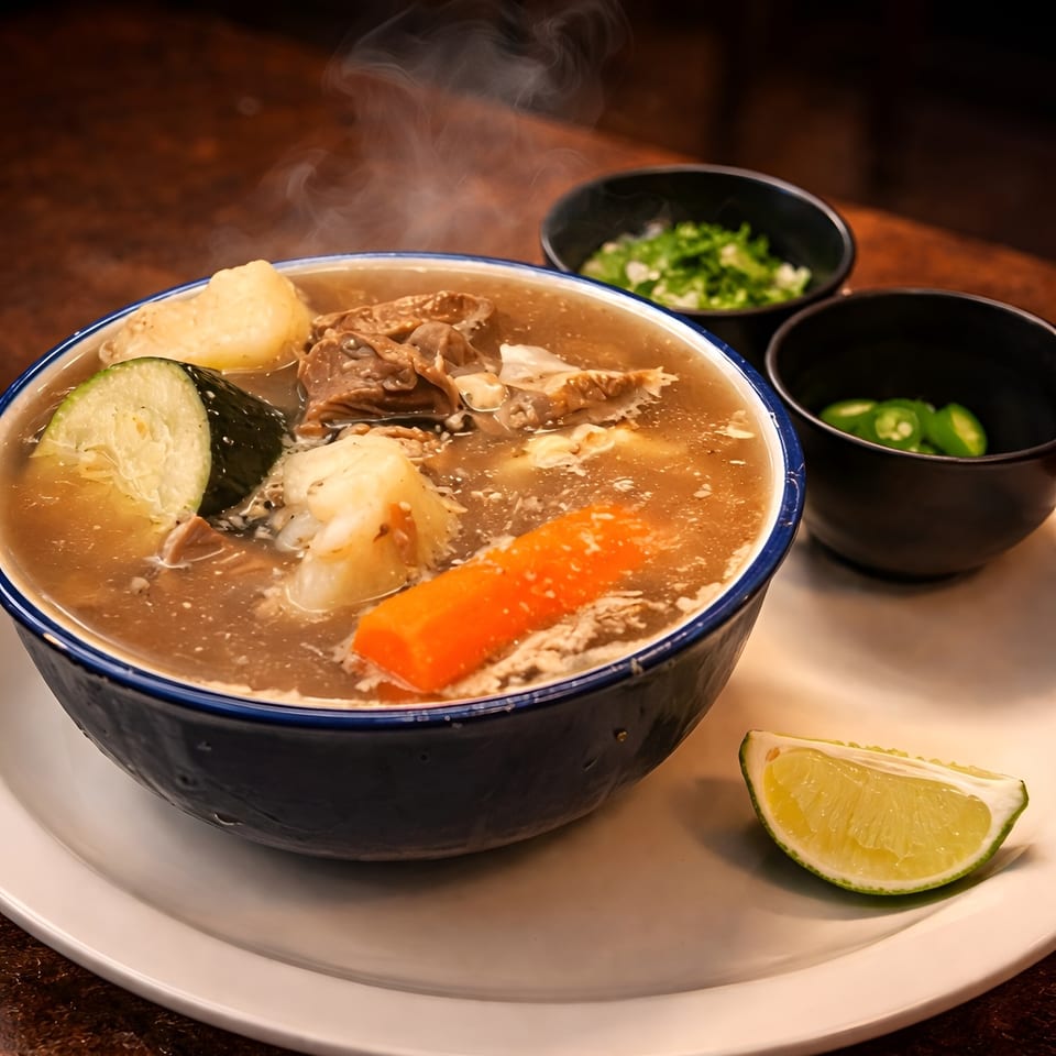 Steaming bowl of beef soup with vegetables, lime wedge, and two small bowls of garnishes.
