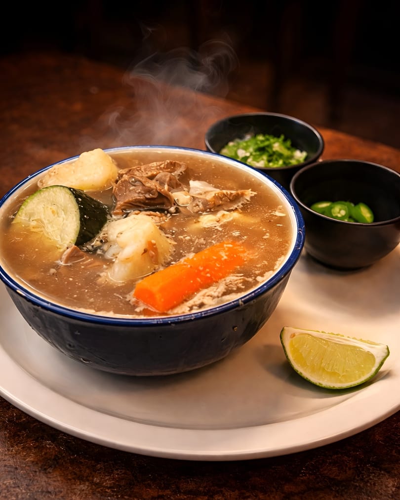 Steaming bowl of beef soup with vegetables, lime wedge, and two small bowls of garnishes.