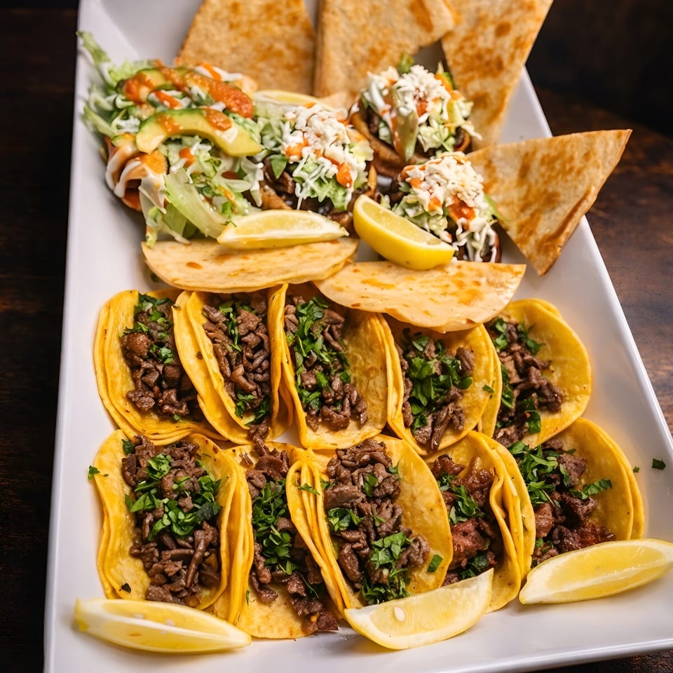 A white platter filled with beef tacos, quesadillas, and mini tacos topped with avocado and sauce.