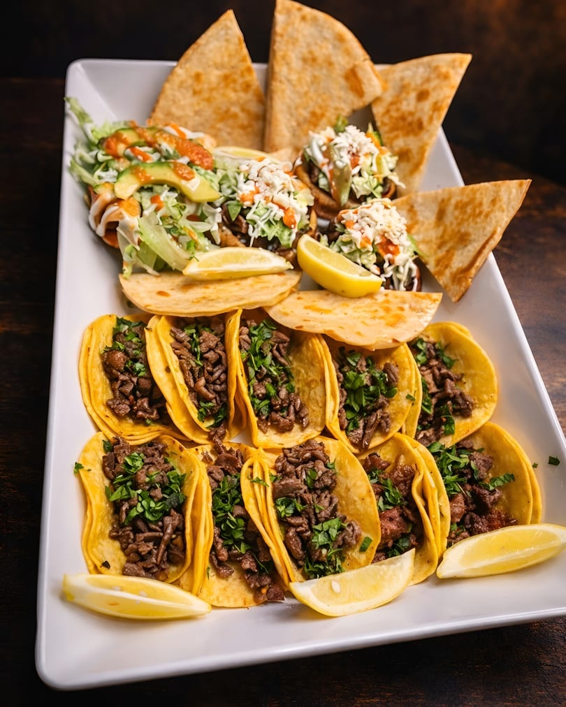 A white platter filled with beef tacos, quesadillas, and mini tacos topped with avocado and sauce.