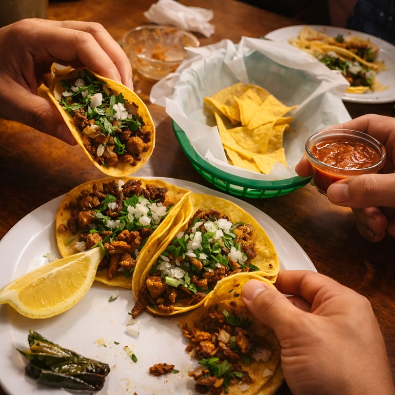 Hands holding tacos filled with meat, onions, and cilantro, with chips and salsa on a wooden table.