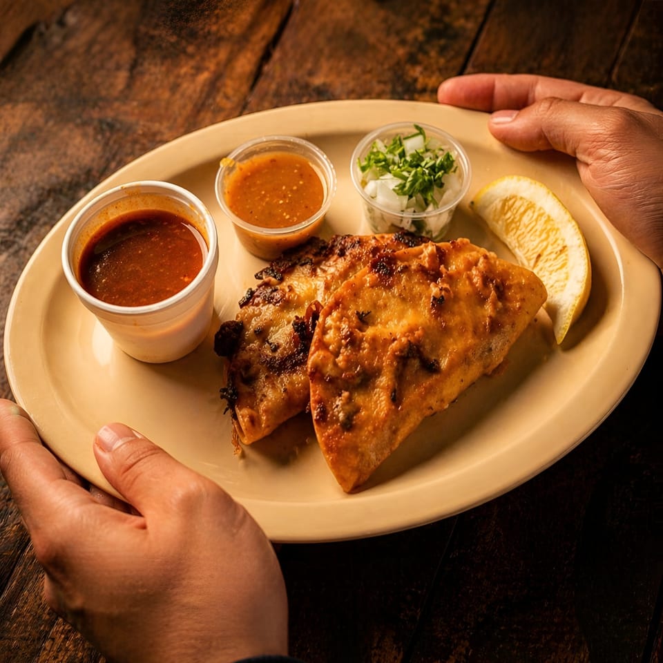 Hands holding a plate with two golden-brown quesadillas, two sauces, chopped onions, and a lemon wedge.