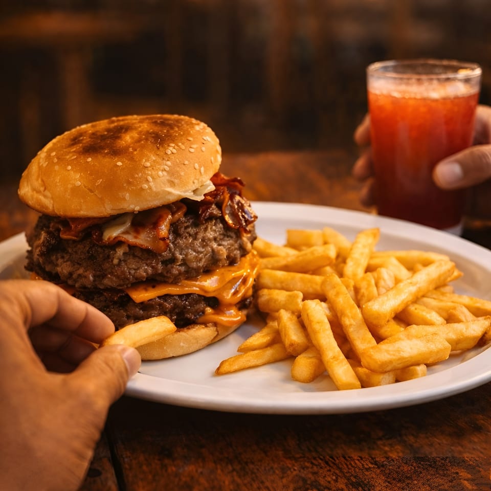 A hand reaches for a french fry next to a double cheeseburger and a red drink.