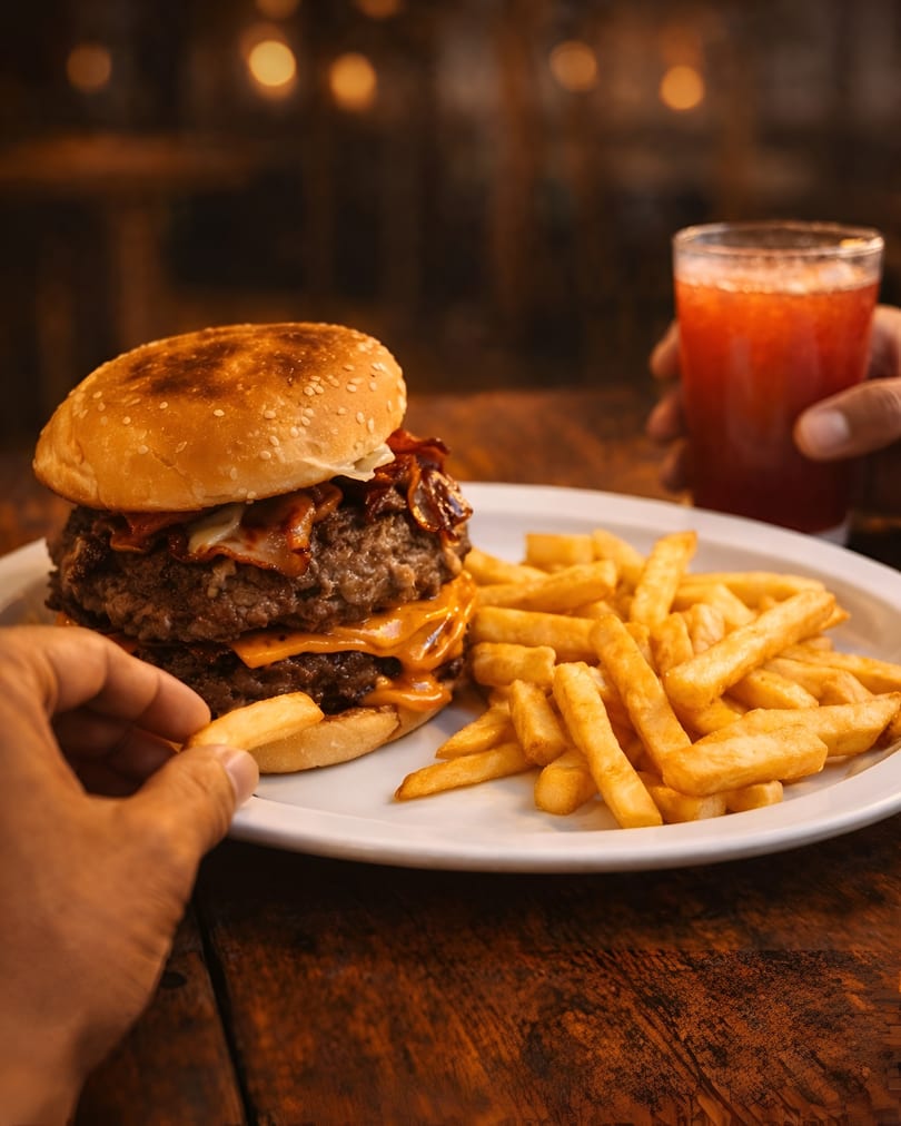A hand reaches for a french fry next to a double cheeseburger and a red drink.